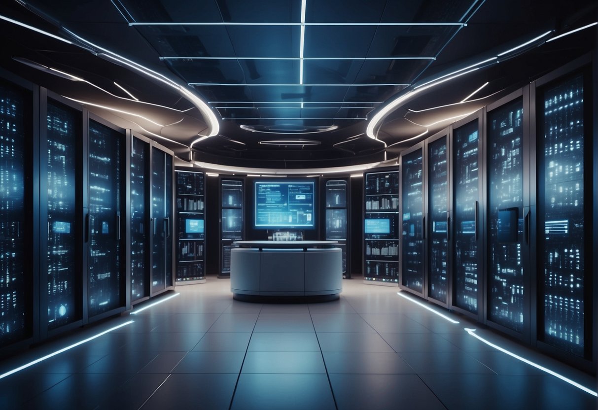 A futuristic telecom data center with advanced erasure technology, surrounded by complex network infrastructure and cutting-edge security measures
