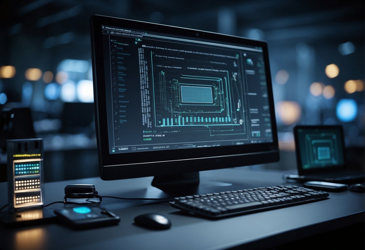 A computer screen displays the SSDLC process flowchart. A secure erasure tool wipes clean a hard drive, symbolizing support for secure software development