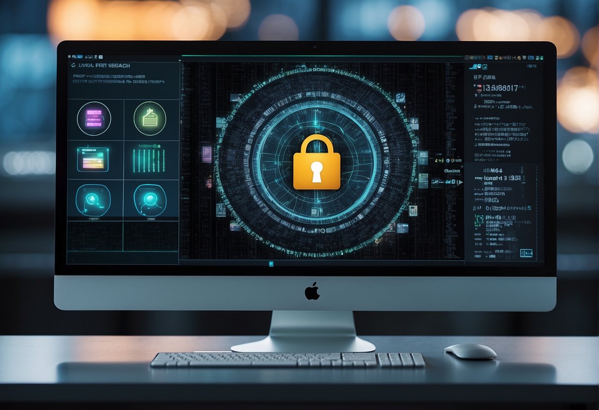 A computer screen displaying a software design with integrated security features. A data erasure process supports the secure development lifecycle