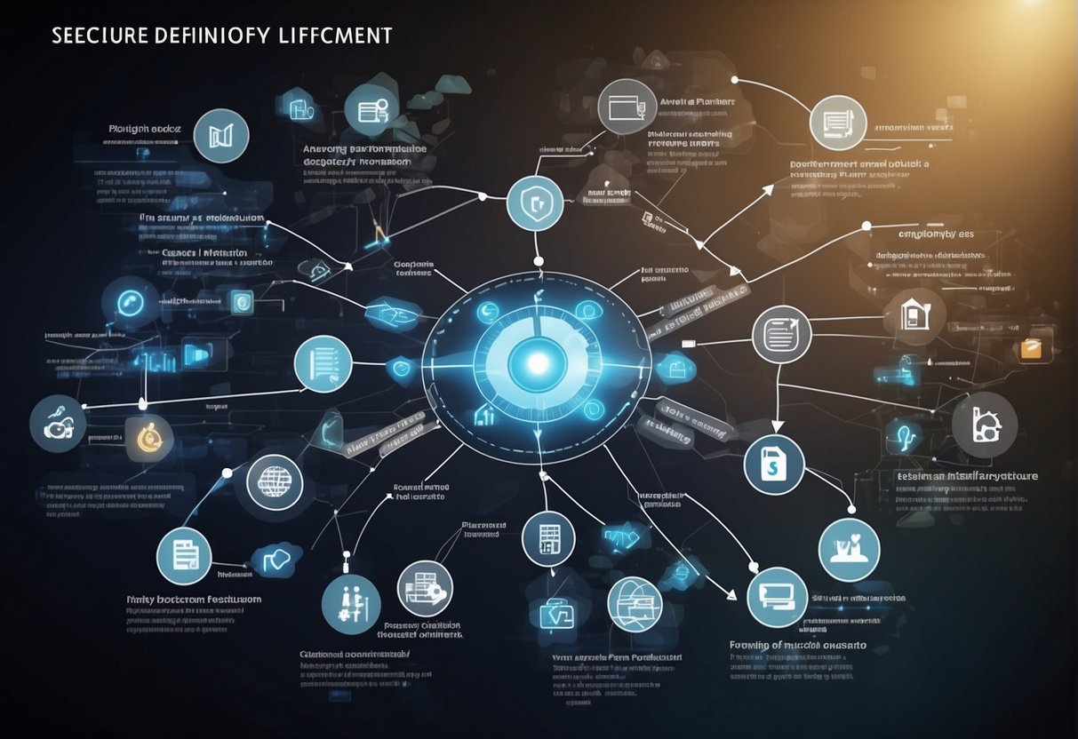 A secure software development lifecycle is depicted with a flowchart, showing stages of planning, data erasure, and requirements