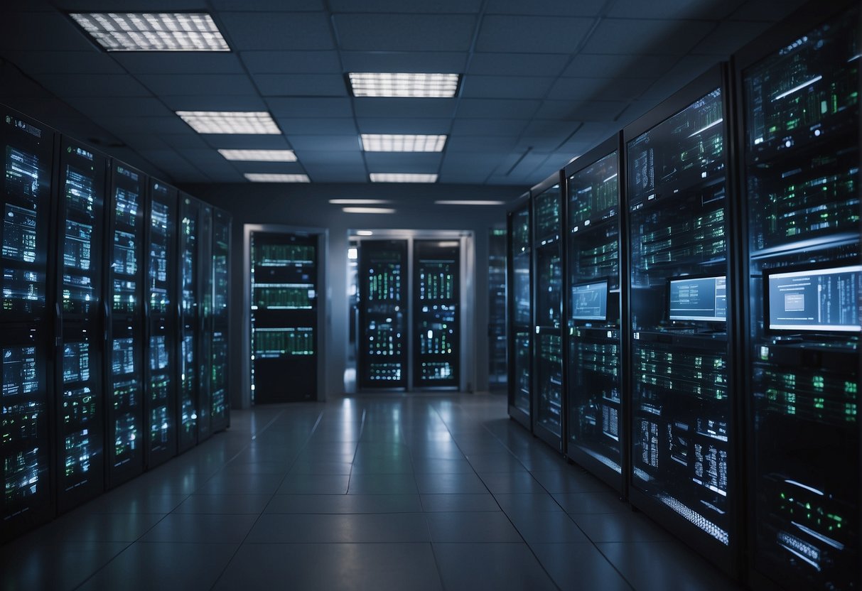 A server room with computers running automated deployment and continuous integration processes, while data erasure tools support secure software development lifecycles