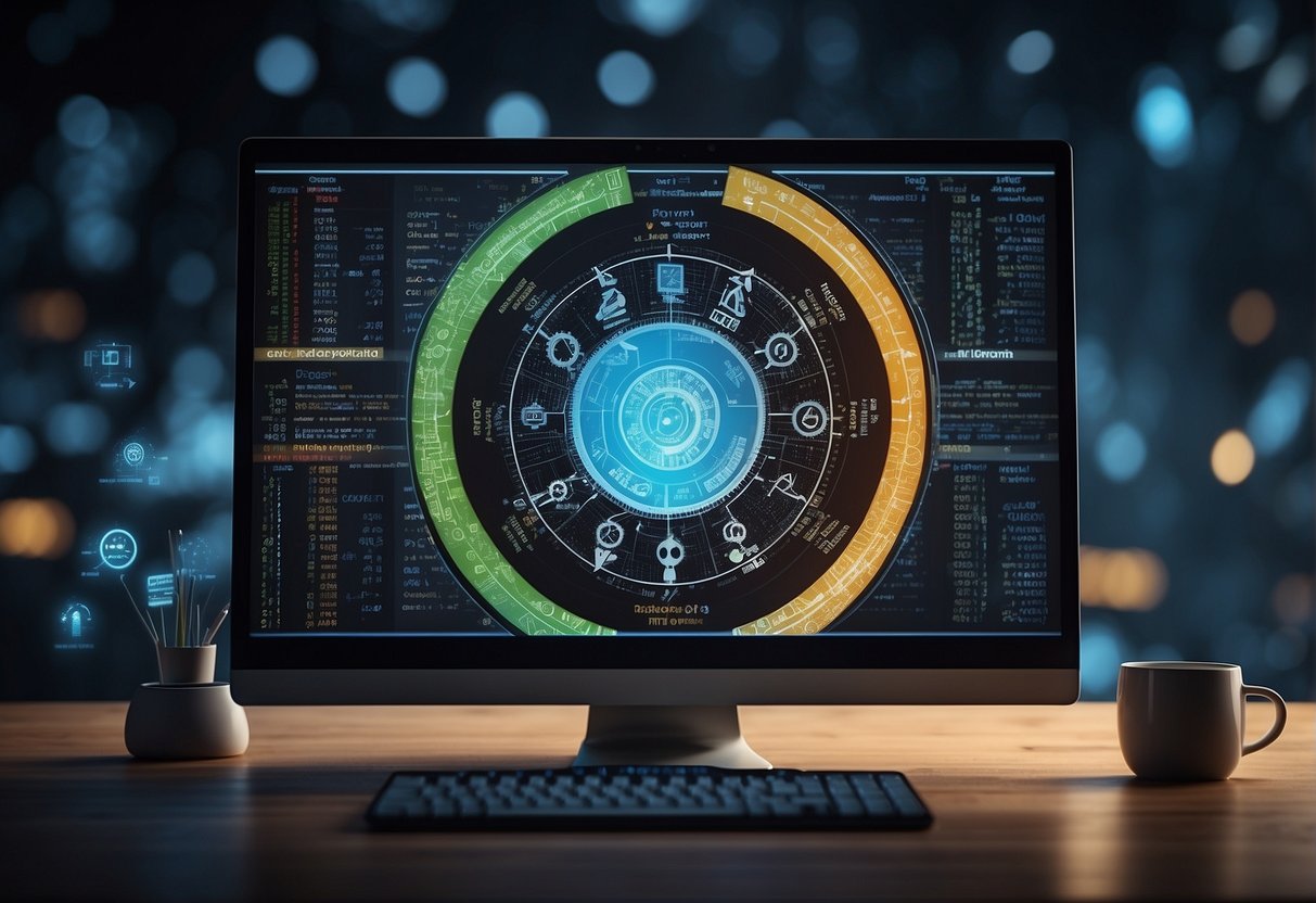 A computer screen displaying a secure data erasure process, surrounded by symbols representing different stages of software development lifecycles