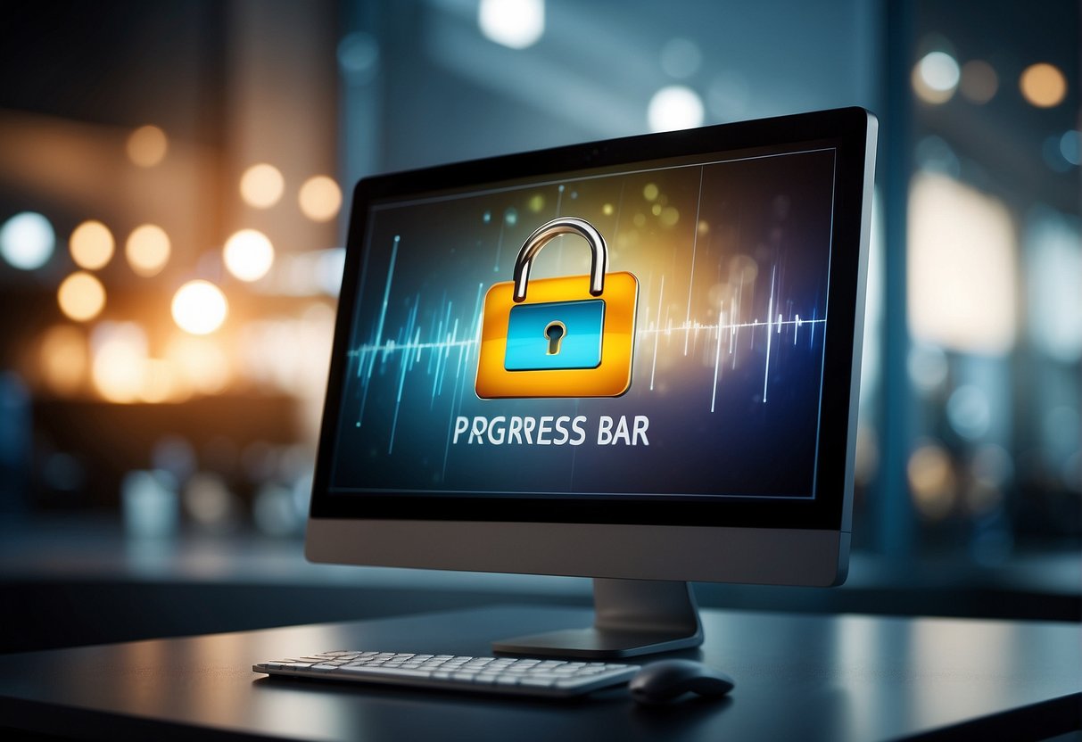 A computer monitor displaying a progress bar as data is being erased. A secure lock icon in the corner symbolizes data protection