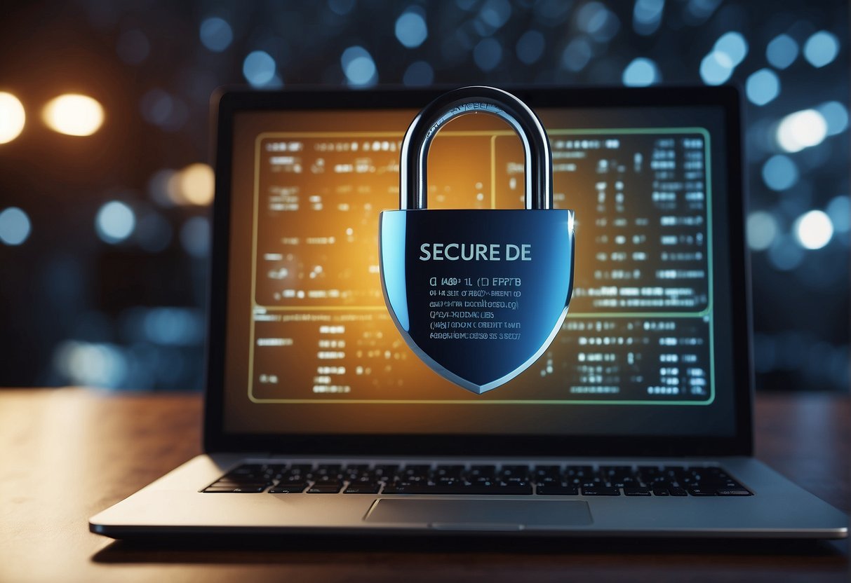A computer screen displaying a secure data erasure process with progress bar and confirmation message. A locked padlock icon symbolizes security