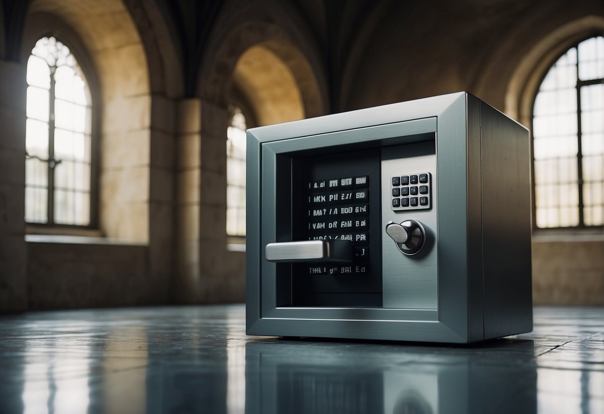 A secure vault with a locked door and a digital keypad, surrounded by a moat and guarded by a vigilant sentry