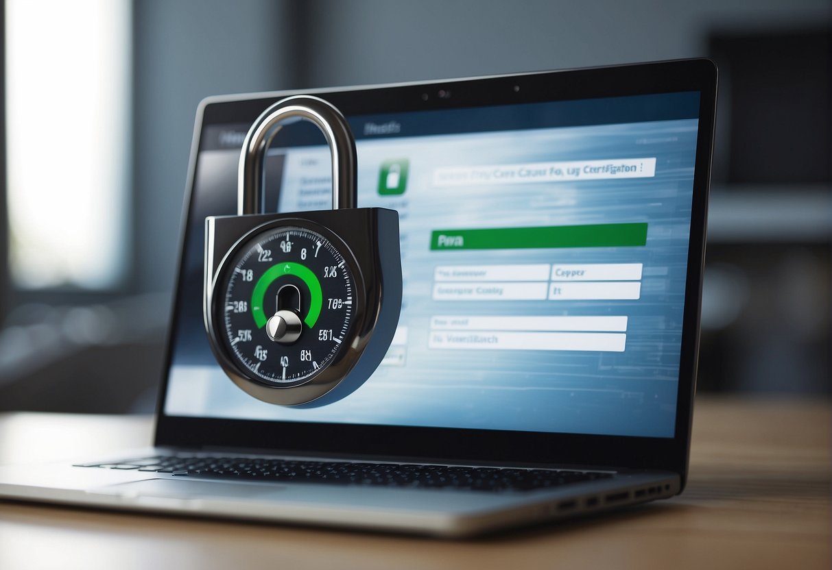 A computer screen displaying "Verification and Certification" with a data erasure tool icon. A locked padlock symbolizes secure customer data management