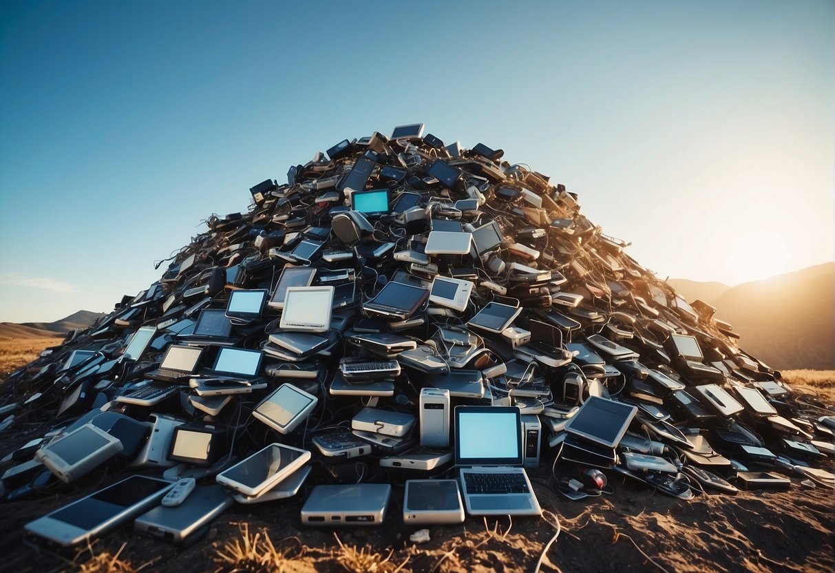 A mountain of discarded electronic devices surrounded by data erasure equipment, with a clear blue sky overhead and a stream of clean water running nearby