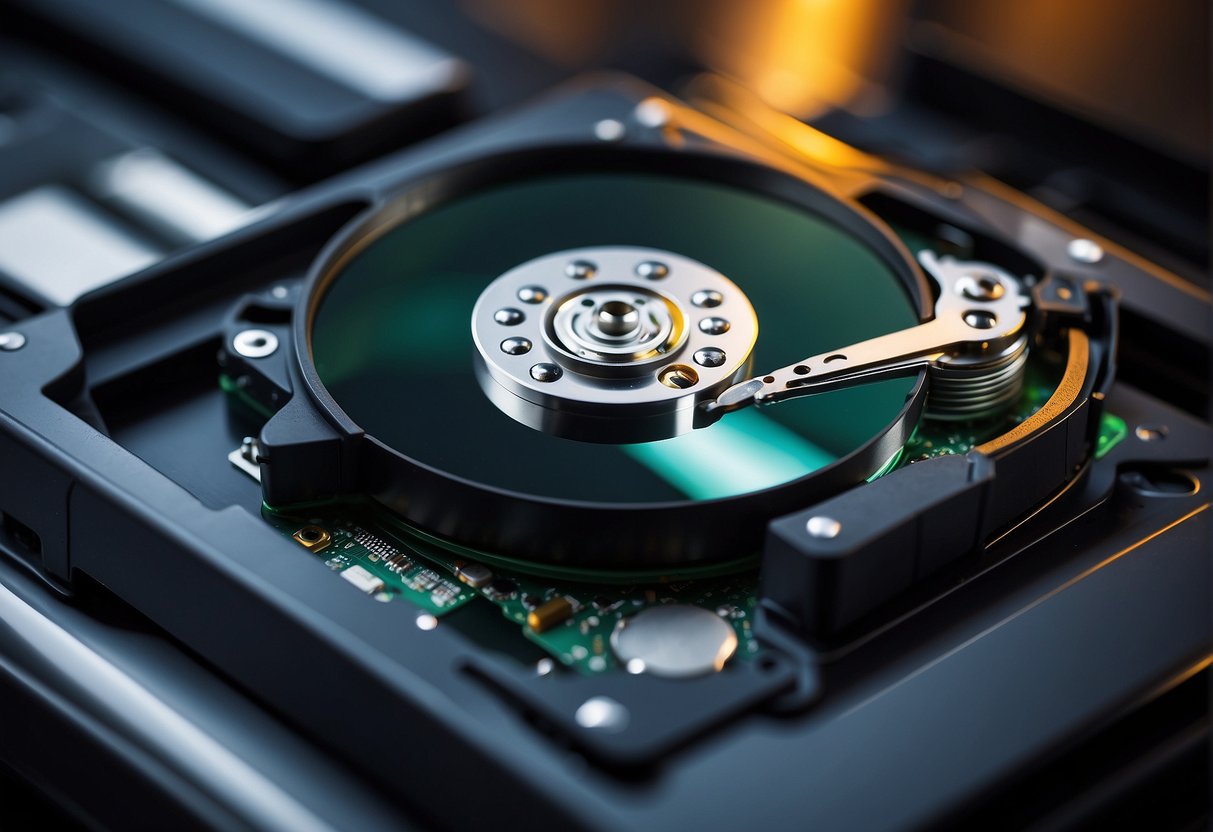 A computer hard drive being wiped clean with a digital eraser tool, symbolizing the challenges of managing customer data erasure