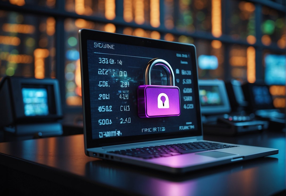 A computer screen displaying a secure data erasure process with a lock icon and a progress bar, surrounded by customer data storage devices