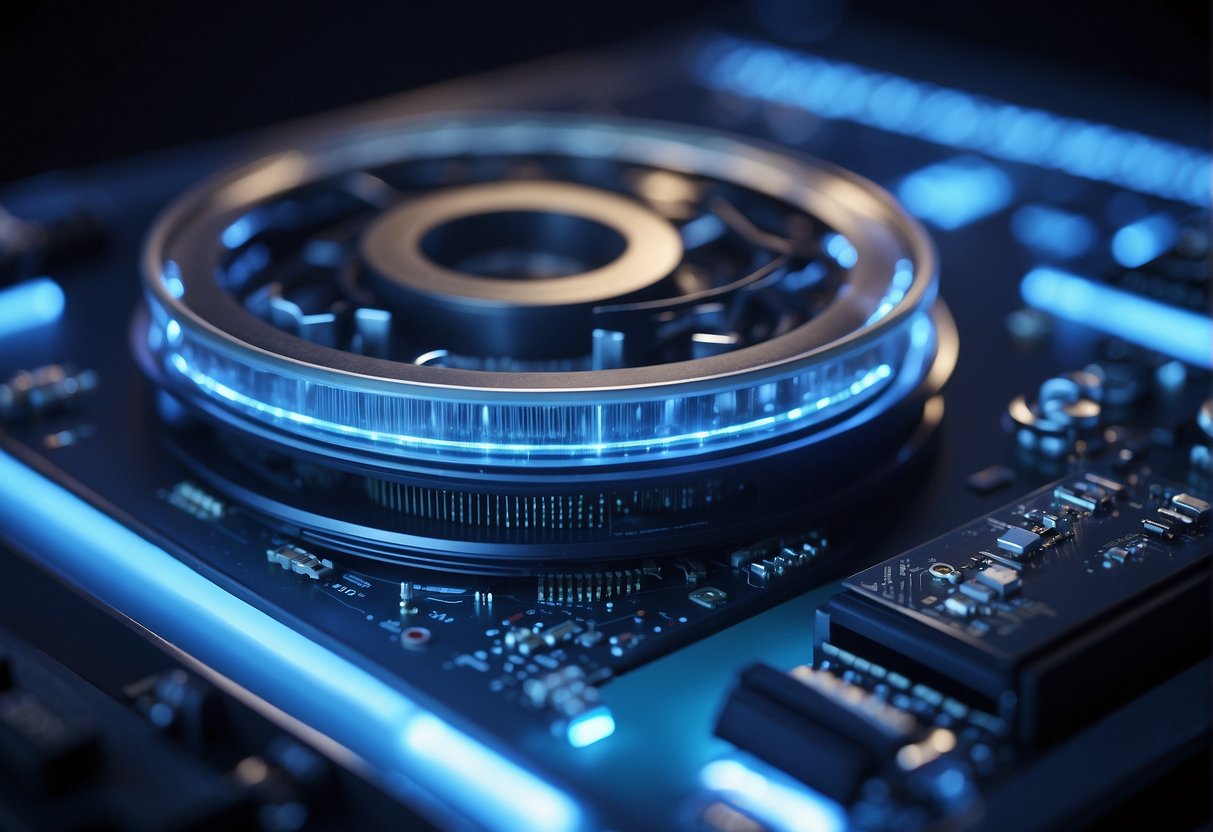 A futuristic data erasure machine whirring and emitting a soft blue light as it systematically wipes clean a series of digital storage devices