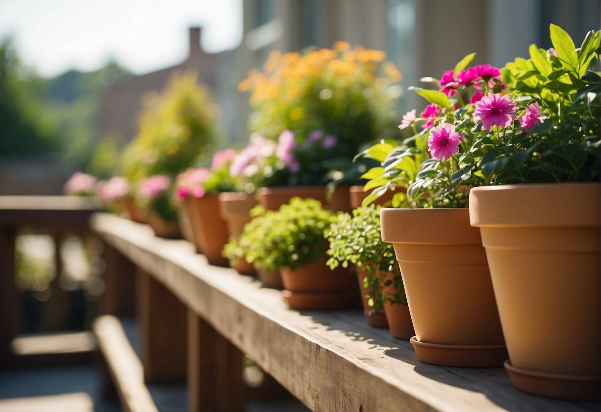 Plastic planter pots arranged on a sunny patio, filled with vibrant flowers and lush greenery