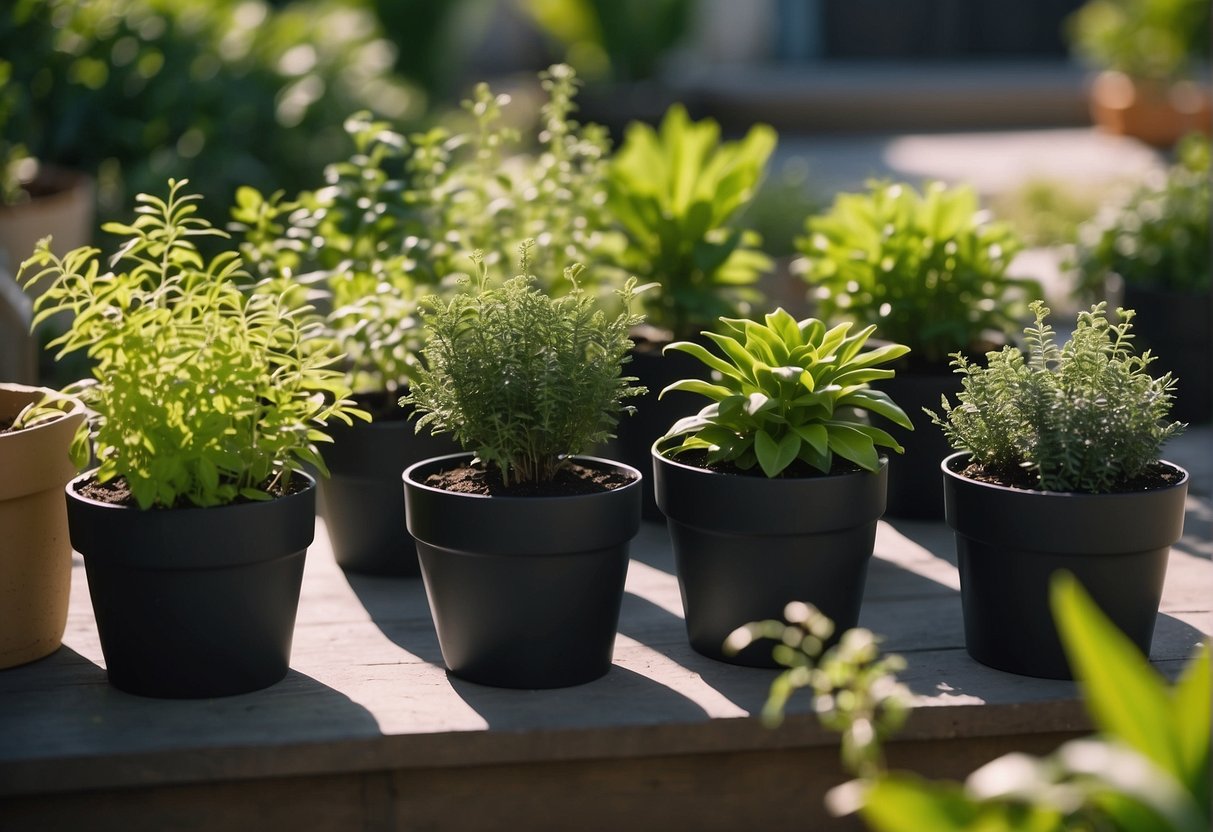 Vibrant green plants thriving in plastic planter pots, placed in a sunny outdoor garden