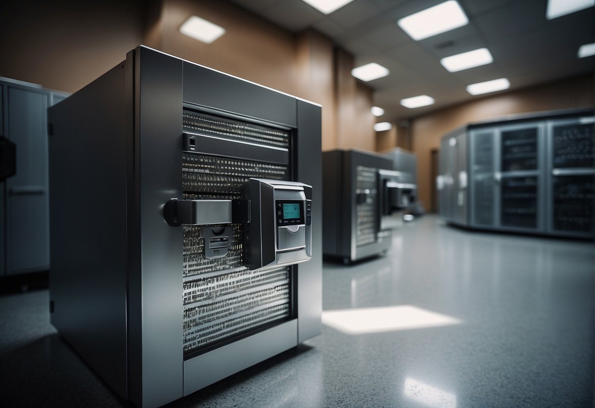 A secure vault with digital and physical data storage, locked cabinets, and shredding machines, surrounded by legal documents and confidentiality agreements