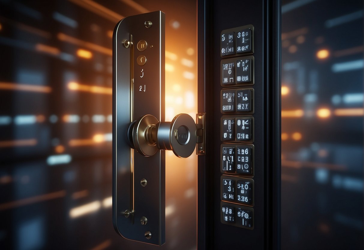 A secure vault door with a digital keypad lock, surrounded by a firewall and encryption symbols, representing data protection for law firms