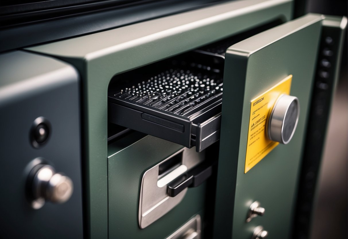 A locked file cabinet with a digital security system, a shredder, and a computer with encryption software