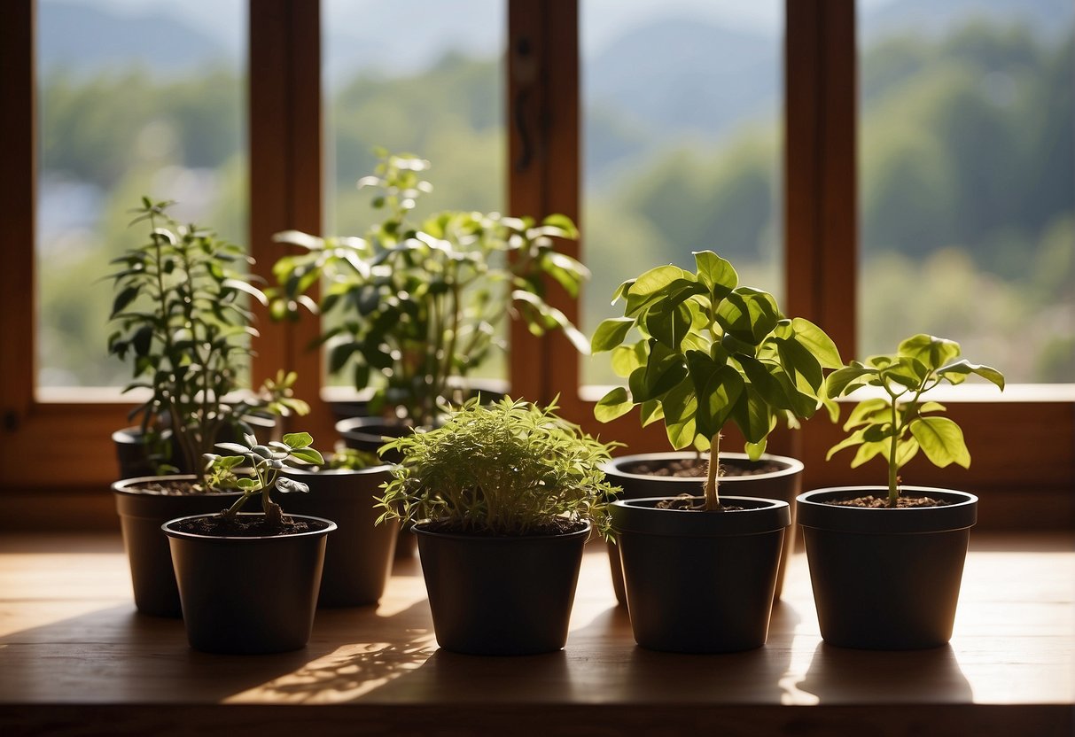 Several plastic grow pots arranged on a wooden table. Light shines through a nearby window, casting shadows on the pots