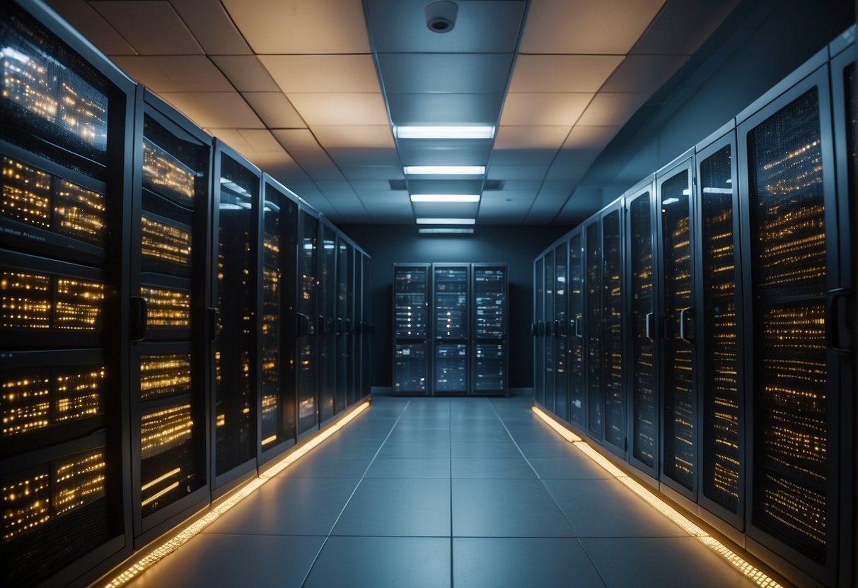 A law firm's server room with locked cabinets, encrypted data storage, and a firewall protecting against cyber threats
