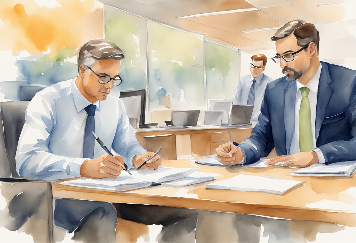 A manager providing clear guidance, while an employee actively listens and takes notes, in a professional office setting