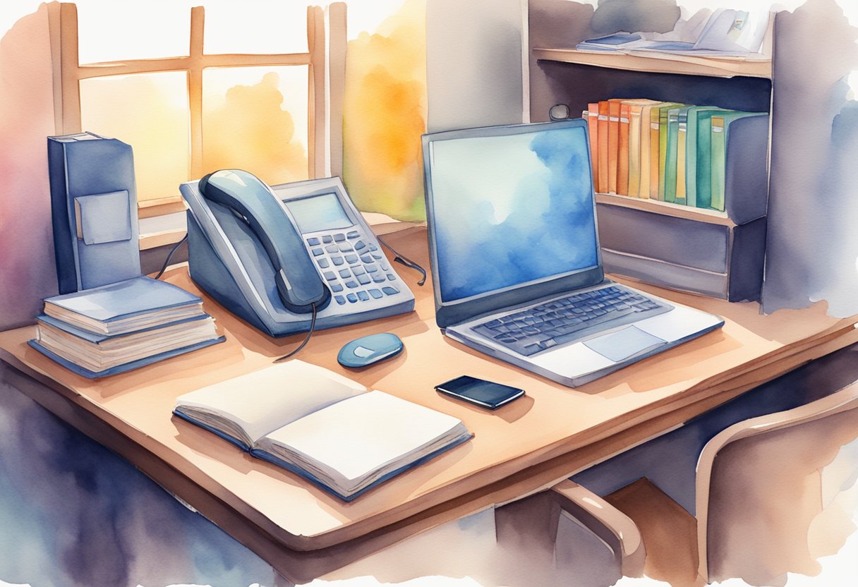 A desk with a computer, notebook, and pen. A bookshelf with management and leadership books. A calendar with deadlines and meetings. A phone and headphones for communication and collaboration