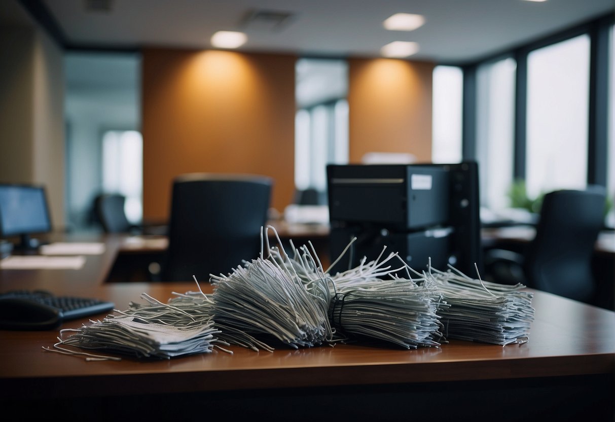 Law firm office with secure data erasure protocols in place. Servers being wiped clean, documents shredded, and digital files securely deleted. Emphasis on confidentiality and protection of client information