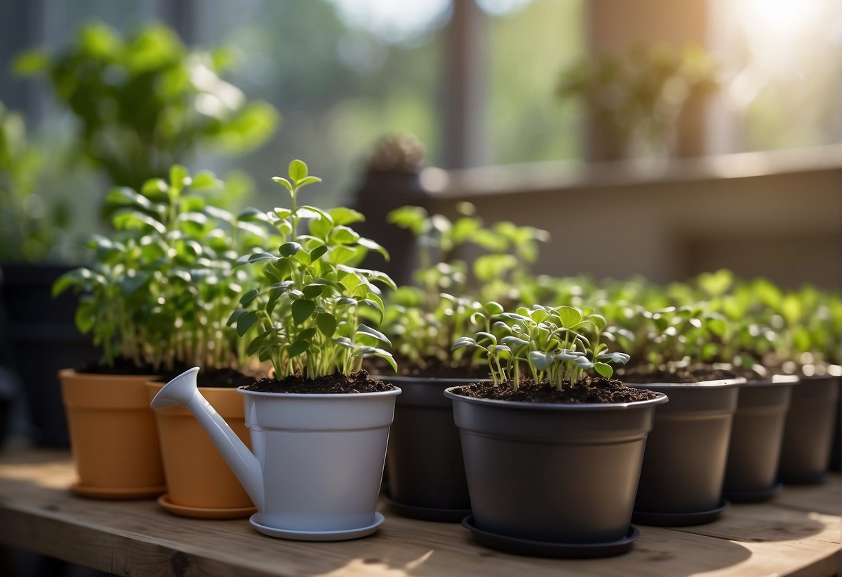Plastic grow pots arranged neatly on a shelf, filled with soil and sprouting green plants. A watering can sits nearby