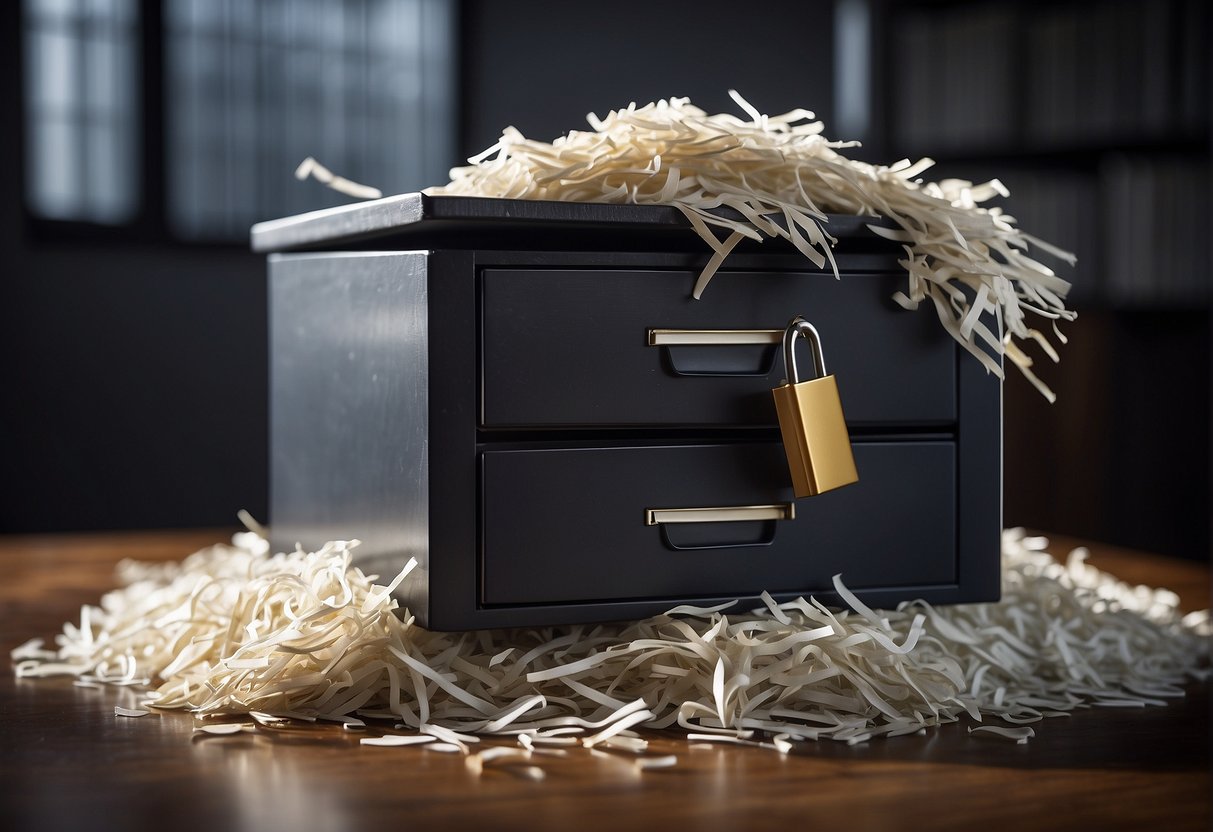 A pile of shredded documents and a locked filing cabinet symbolize data erasure strategies for law firms to protect client confidentiality