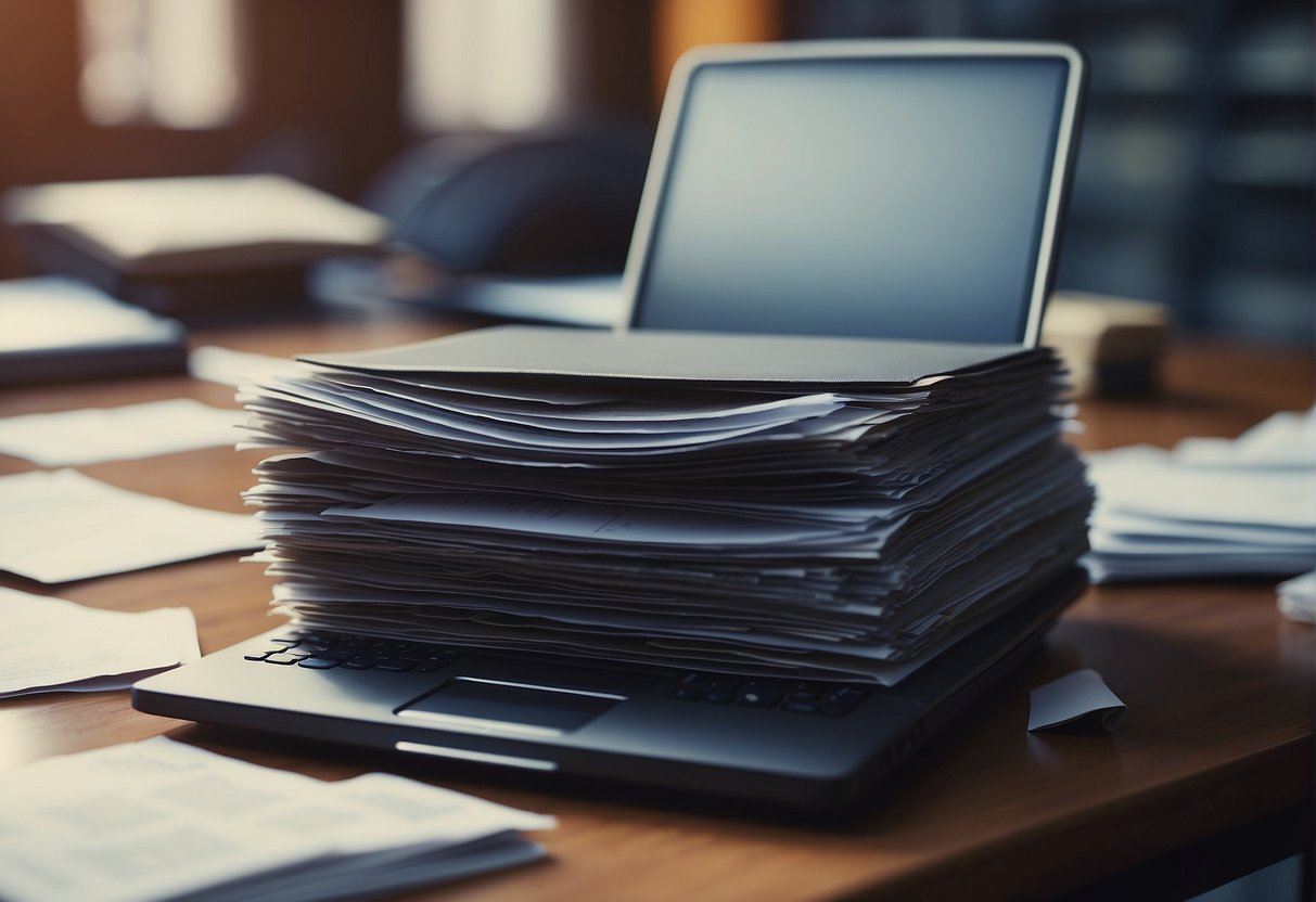 A law firm's FAQ document displayed on a computer screen, surrounded by files and legal documents. A shredder sits nearby, ready to destroy sensitive information