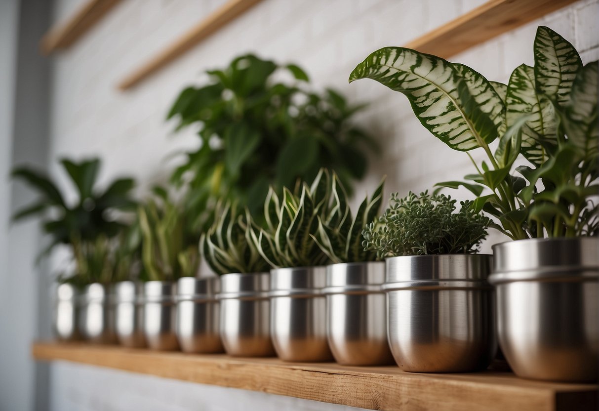 Metal pots filled with various plants arranged on a wooden shelf against a white brick wall