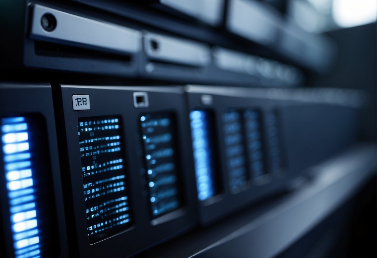 Data erasure machines whirring as they securely wipe hard drives and servers in a high-tech media and entertainment office