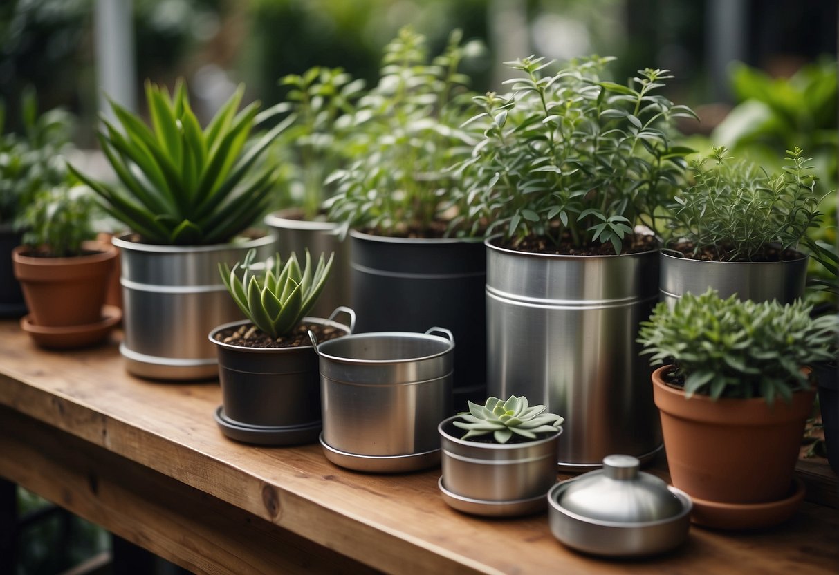 A table with various metal pots of different sizes and shapes, surrounded by plants and gardening tools. The pots are displayed in a well-lit area, showcasing their durability and aesthetic appeal