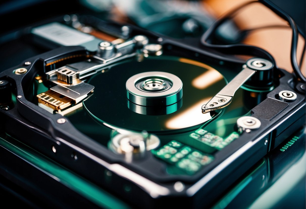 A computer hard drive being wiped clean with a data erasure software, surrounded by media and entertainment equipment