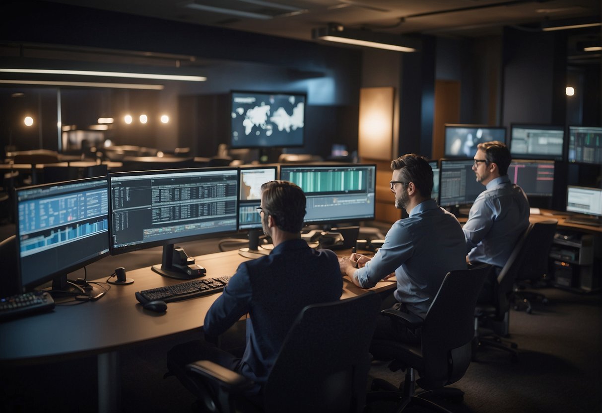A bustling media studio, with data erasure software being used on multiple devices. Content creators and distributors collaborate seamlessly