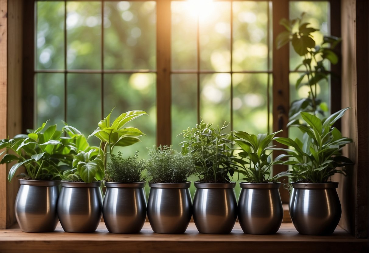 Metal pots of various sizes and shapes arranged on wooden shelves, filled with vibrant green plants and trailing vines. Sunlight streams through a nearby window, casting soft shadows on the pots