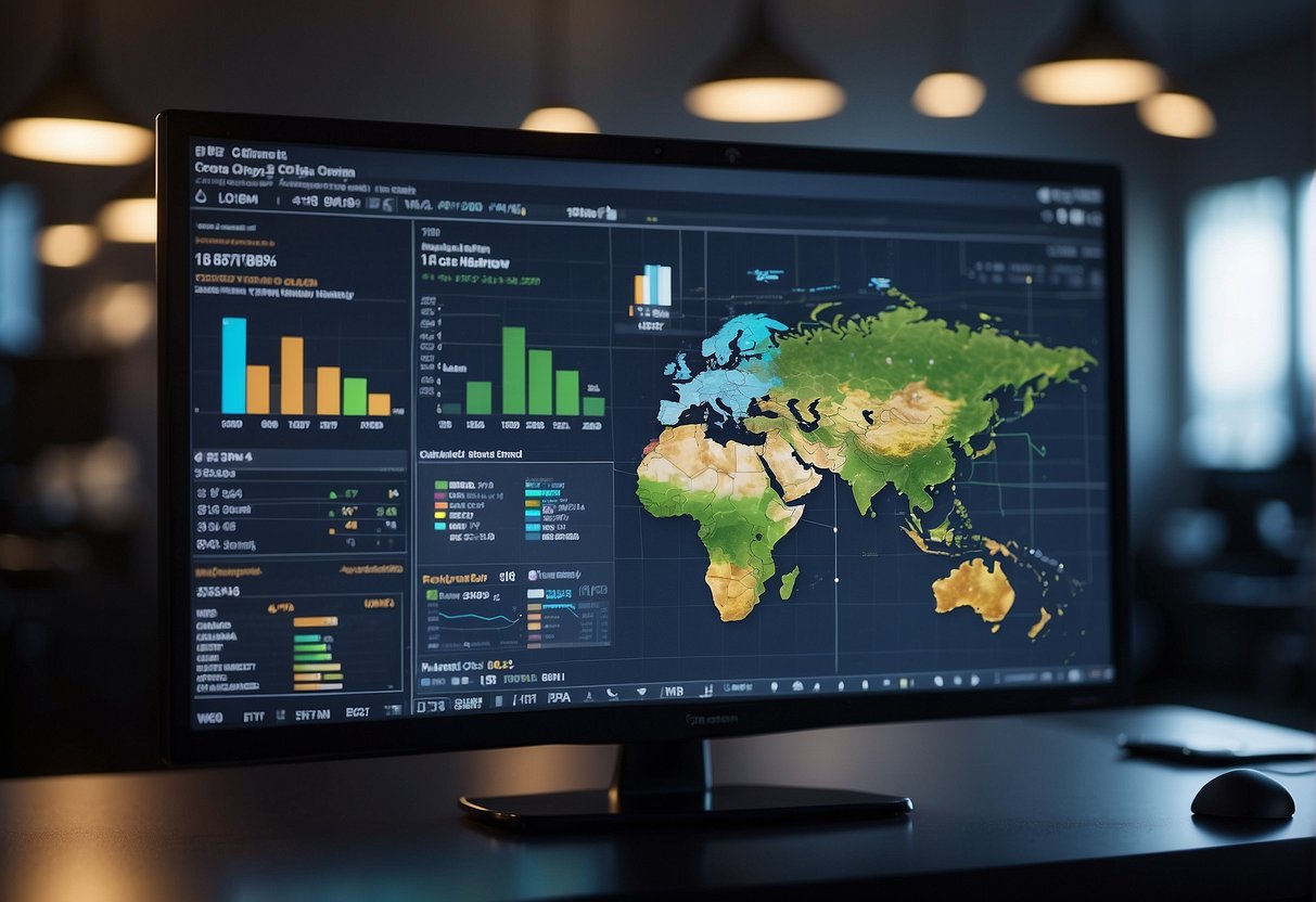 A computer screen displays data analytics graphs and charts. A spotlight shines on the screen, emphasizing its importance in the media and entertainment industry