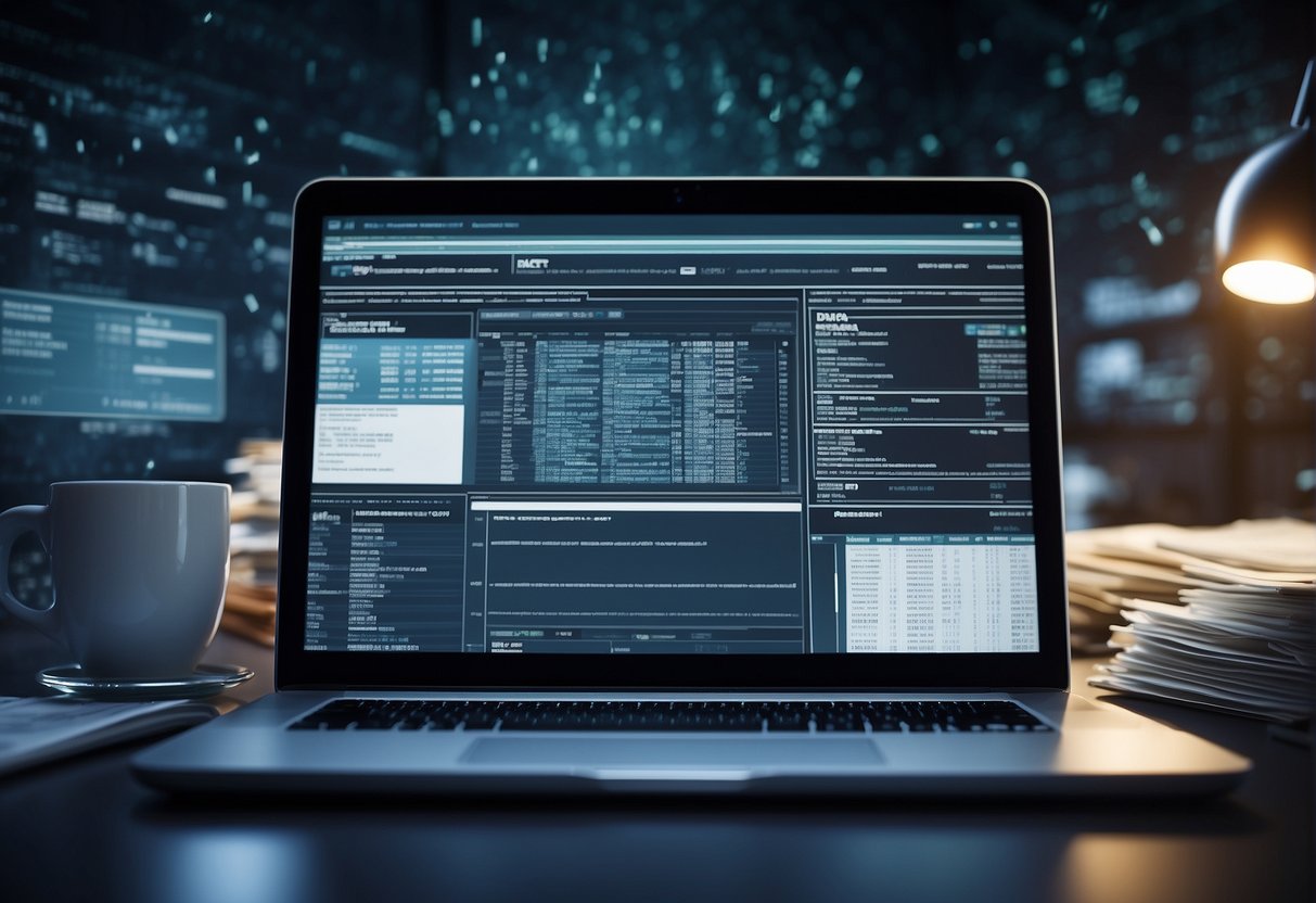 A secure data erasure process is depicted with a computer system being wiped clean, surrounded by regulatory compliance documents and risk management protocols
