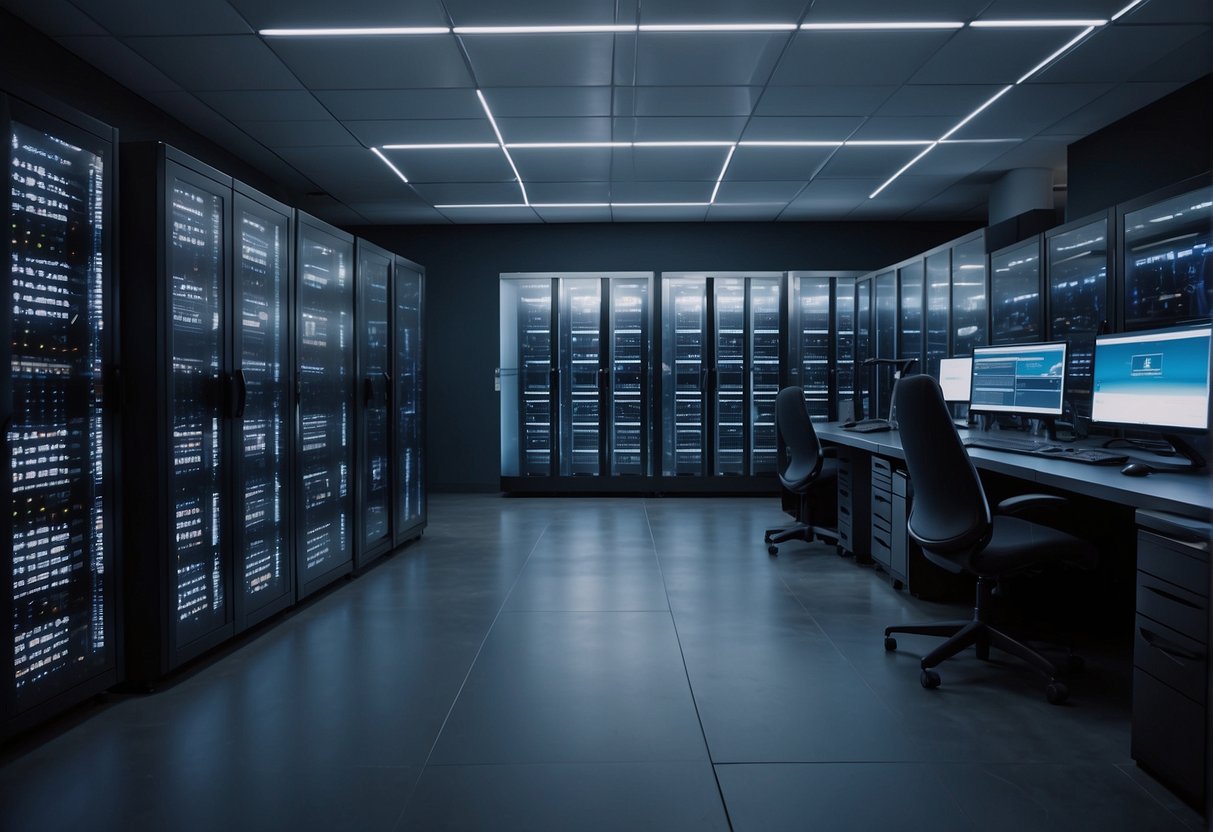 A sleek, modern office space with rows of servers and data storage units. A technician uses specialized equipment to securely erase data from media devices
