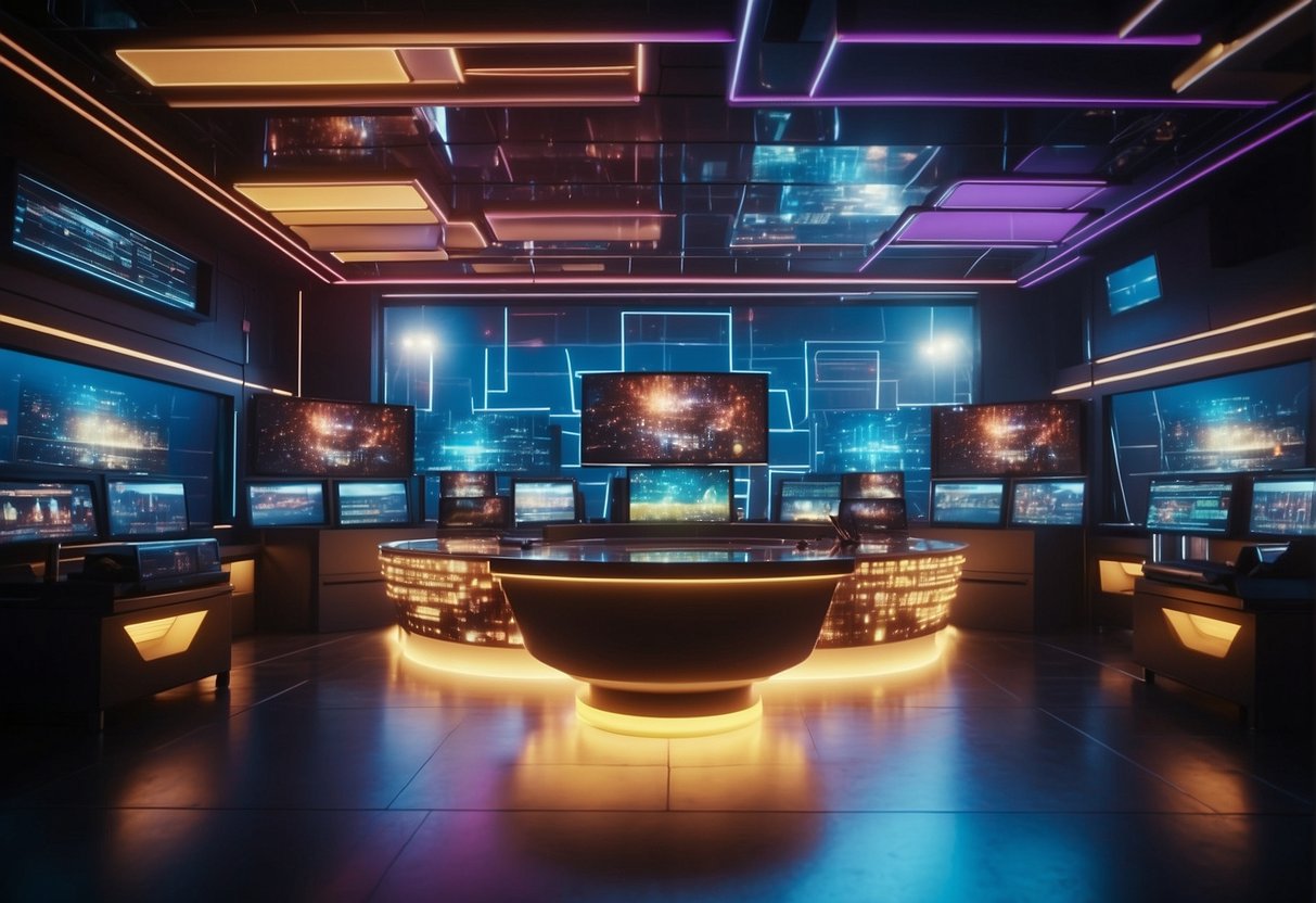A bustling media and entertainment industry, with data erasure technology at its core. Vibrant colors and futuristic elements depict the industry's forward-thinking approach