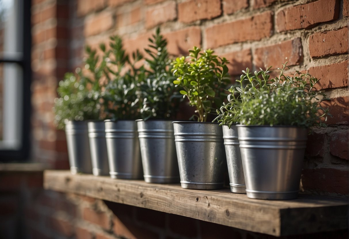 Galvanised plant pots arranged on a wooden shelf against a rustic brick wall. Sunlight casts shadows on the weathered metal, creating a sense of depth and texture