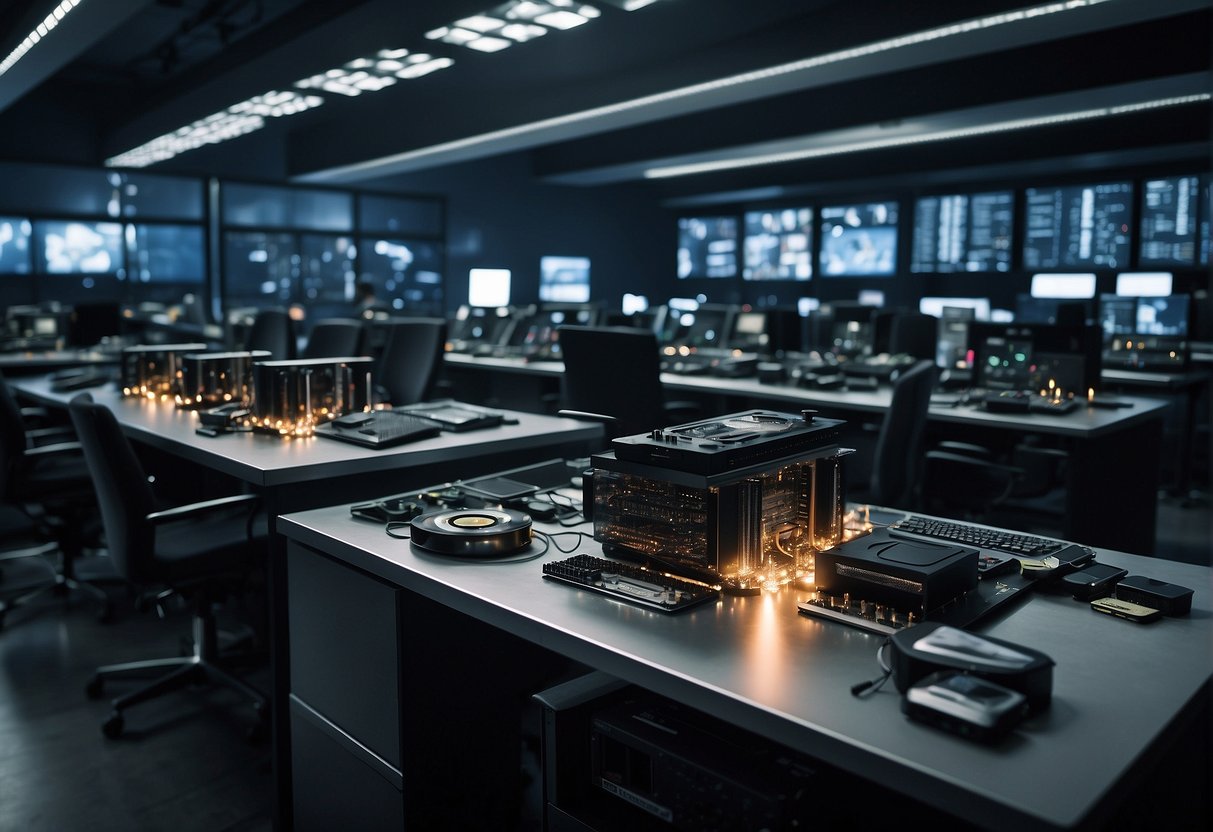 A bustling media studio with servers being wiped clean, film reels being shredded, and hard drives being crushed for data erasure