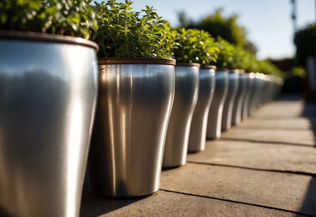 A row of shiny galvanised plant pots lined up in a garden, reflecting the sunlight and providing a protective barrier against rust and corrosion