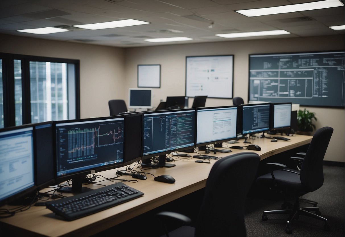 An office setting with computer equipment, a whiteboard with data erasure best practices listed, and employees engaged in a training session