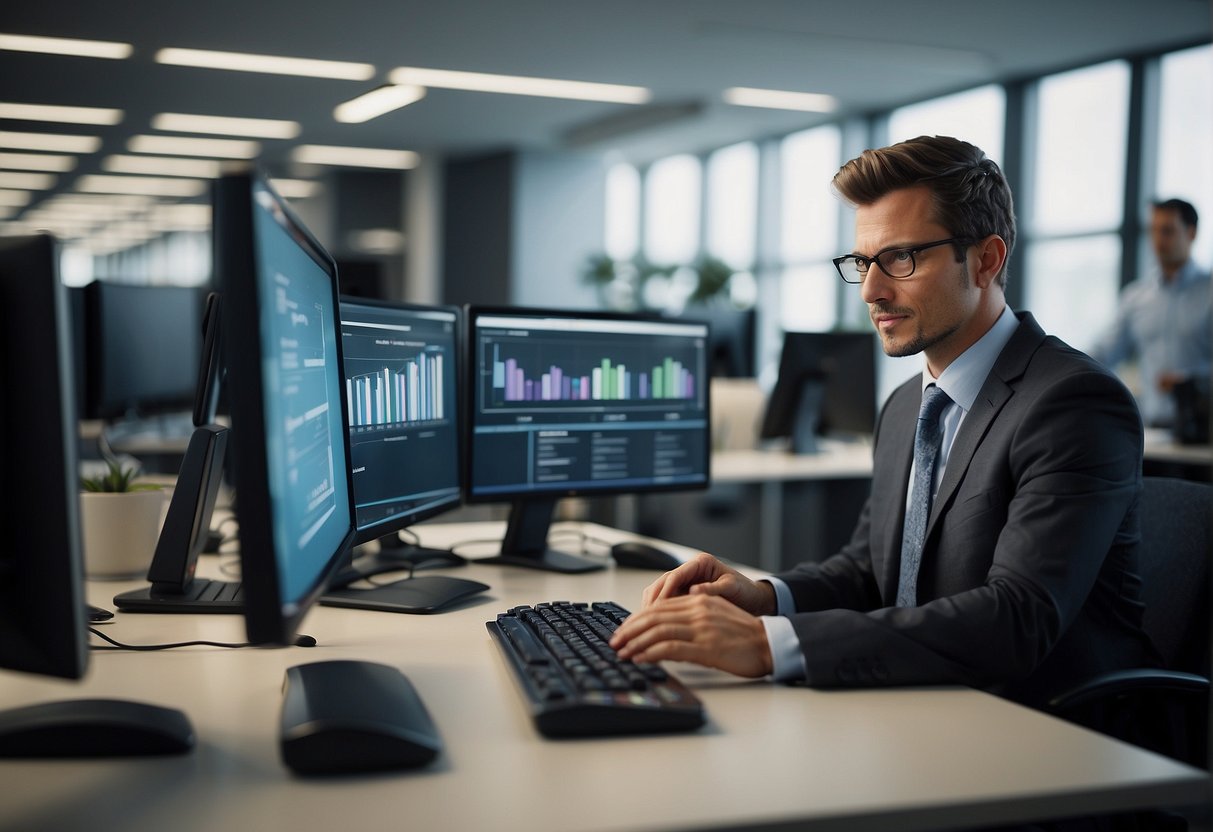 An office setting with a computer screen displaying a data erasure tutorial. A supervisor is guiding employees through the process