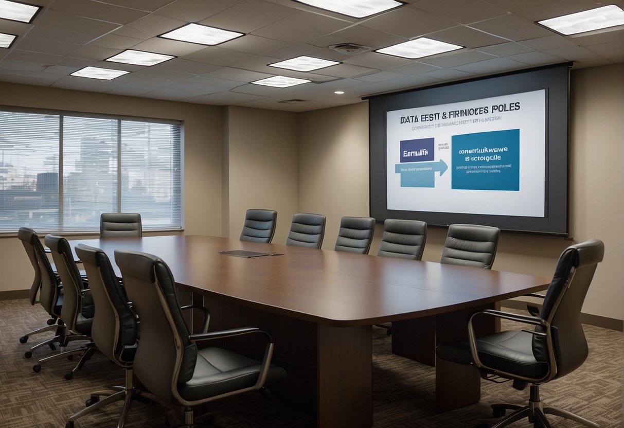 A conference room with a whiteboard displaying "Data Erasure Policies" and a projector showing a presentation on "Training Employees on Best Practices."