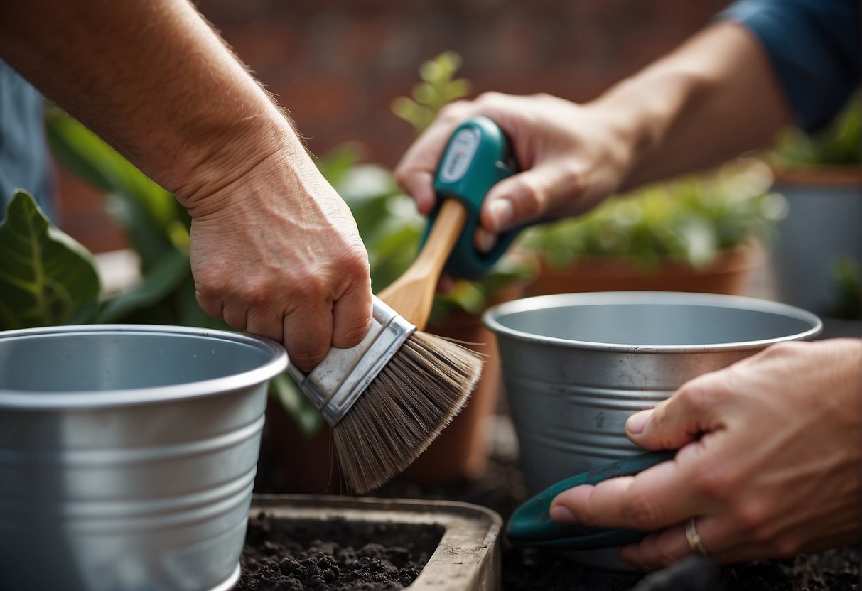 A pair of hands using a brush to apply a clear protective coating to galvanised plant pots