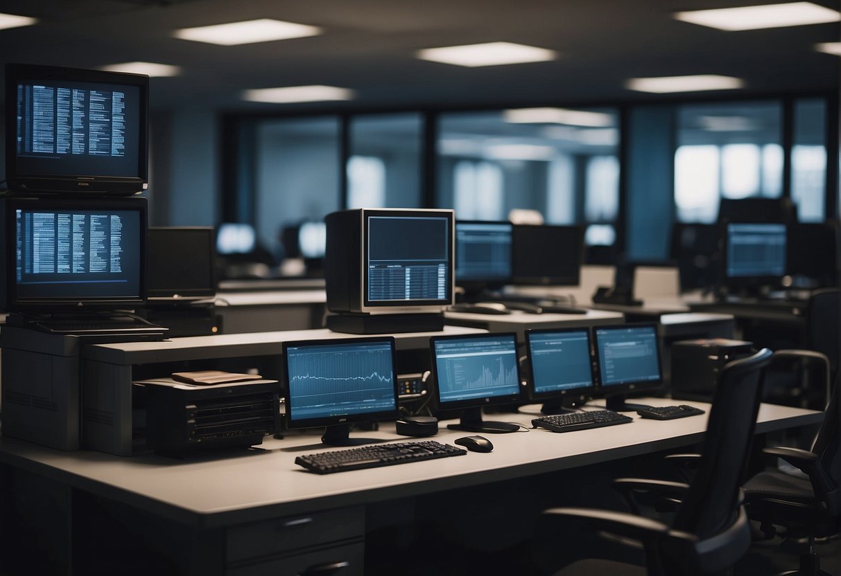An office setting with computers, servers, and data storage devices. A trainer demonstrating data erasure best practices using software and physical data destruction tools