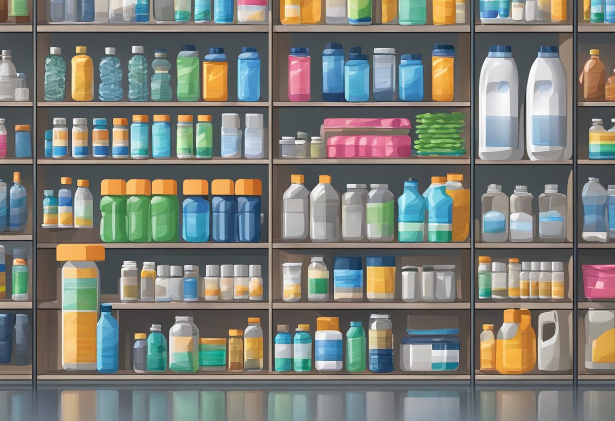 A gym locker room with shelves of various supplement bottles, protein powders, and vitamin containers. Workout gear and water bottles scattered around