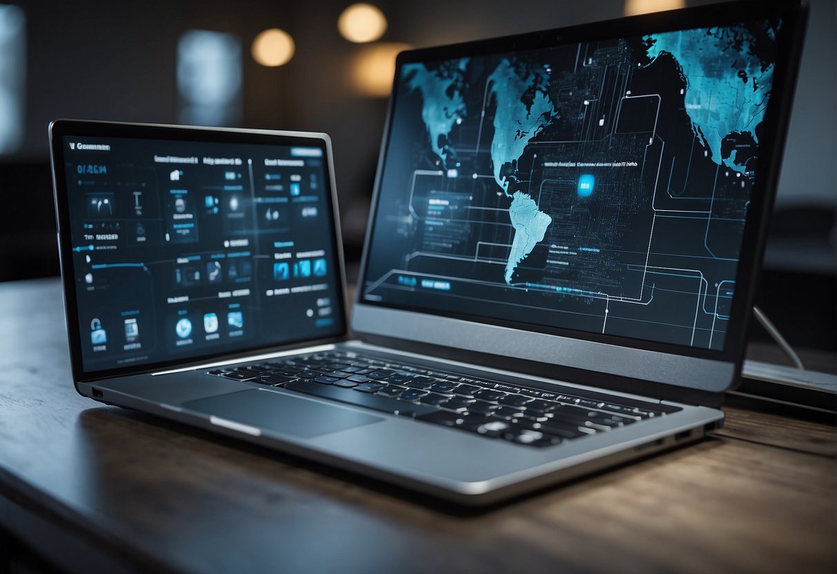 Various devices connected by a secure network. A training session on data erasure best practices. Visual aids and instructional materials present