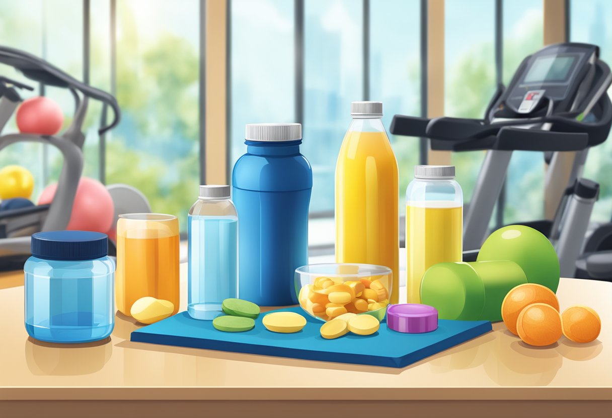 A table with a variety of supplements, a water bottle, and exercise equipment arranged in a gym setting