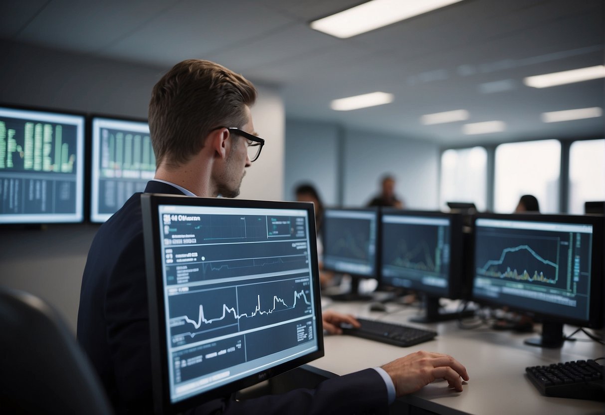 An office setting with a computer monitor displaying data erasure best practices. A trainer gestures towards the screen as employees take notes