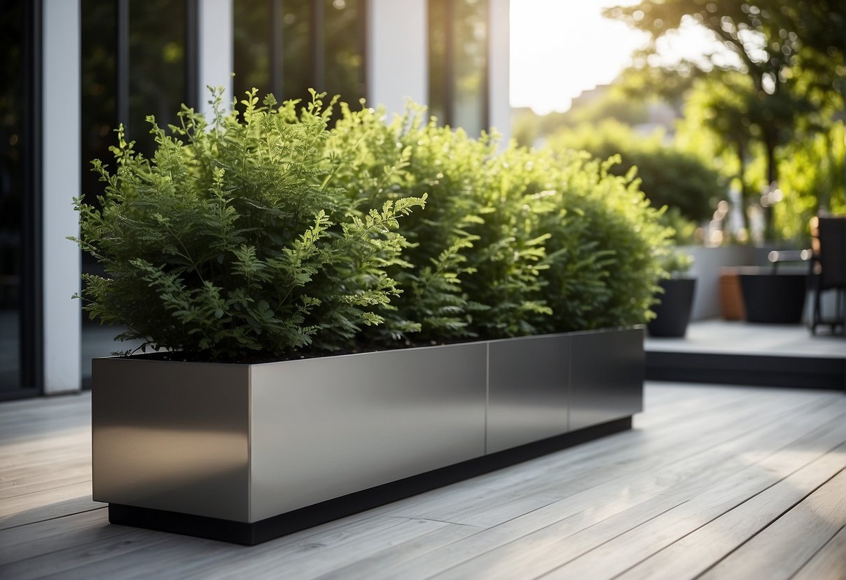 A sleek steel planter sits on a modern patio, filled with vibrant green foliage and surrounded by contemporary outdoor furniture